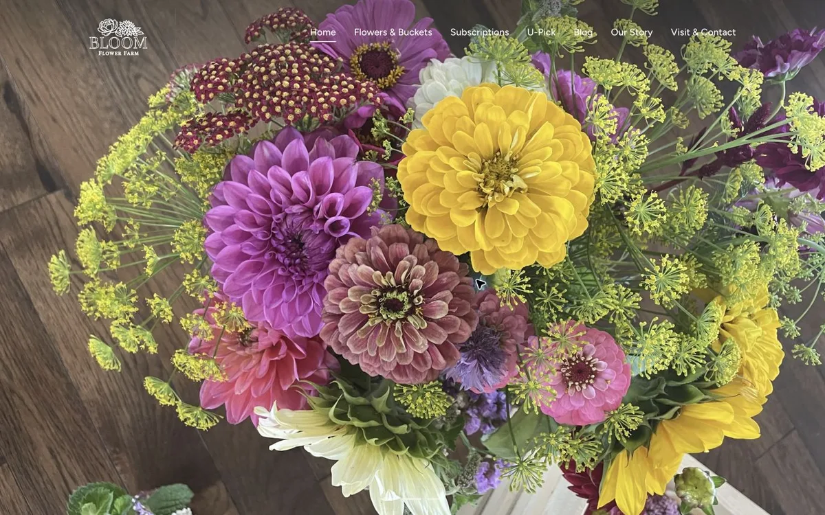 Screenshot of the Bloom Where You Are Planted Flower Farm website homepage I built