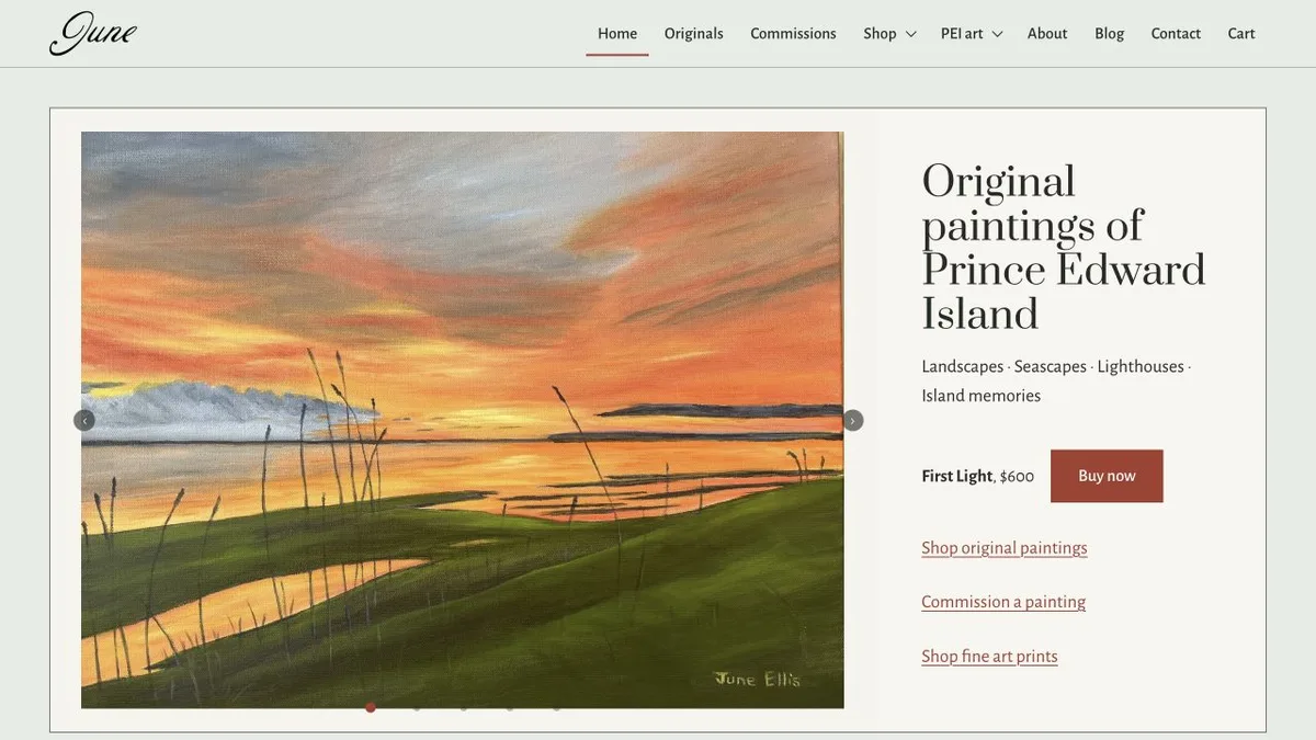 Screenshot of the June Ellis Artist website homepage I built