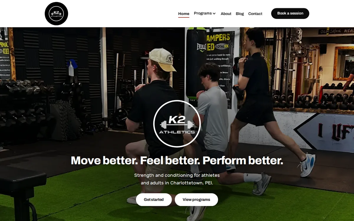 Screenshot of the K2 Athletics website homepage I built