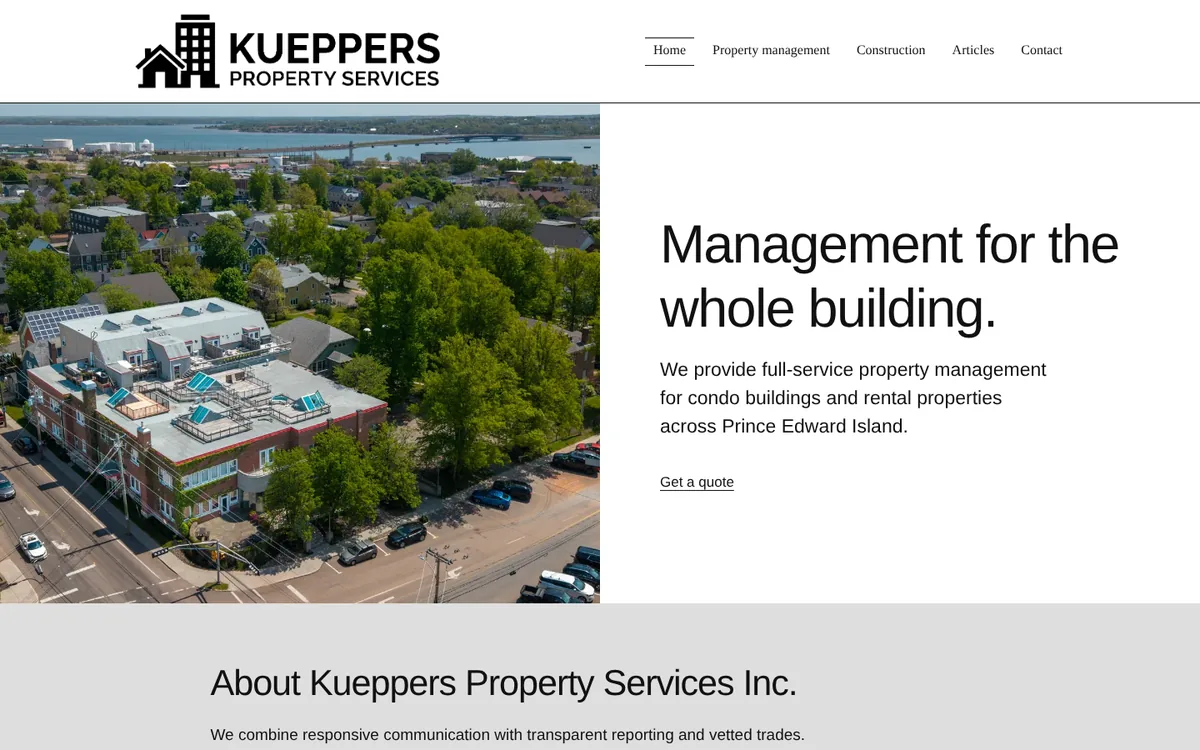 Screenshot of the Kueppers Property Services website homepage I built