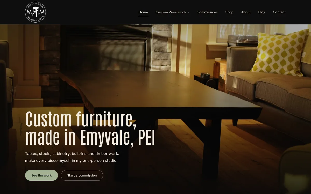 Screenshot of the Michael McQuaid Woodworks website homepage I built