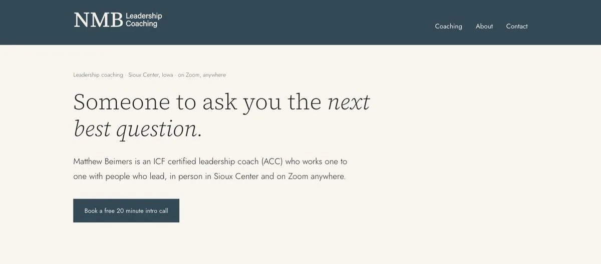 Screenshot of the NMB Leadership Coaching website homepage I built