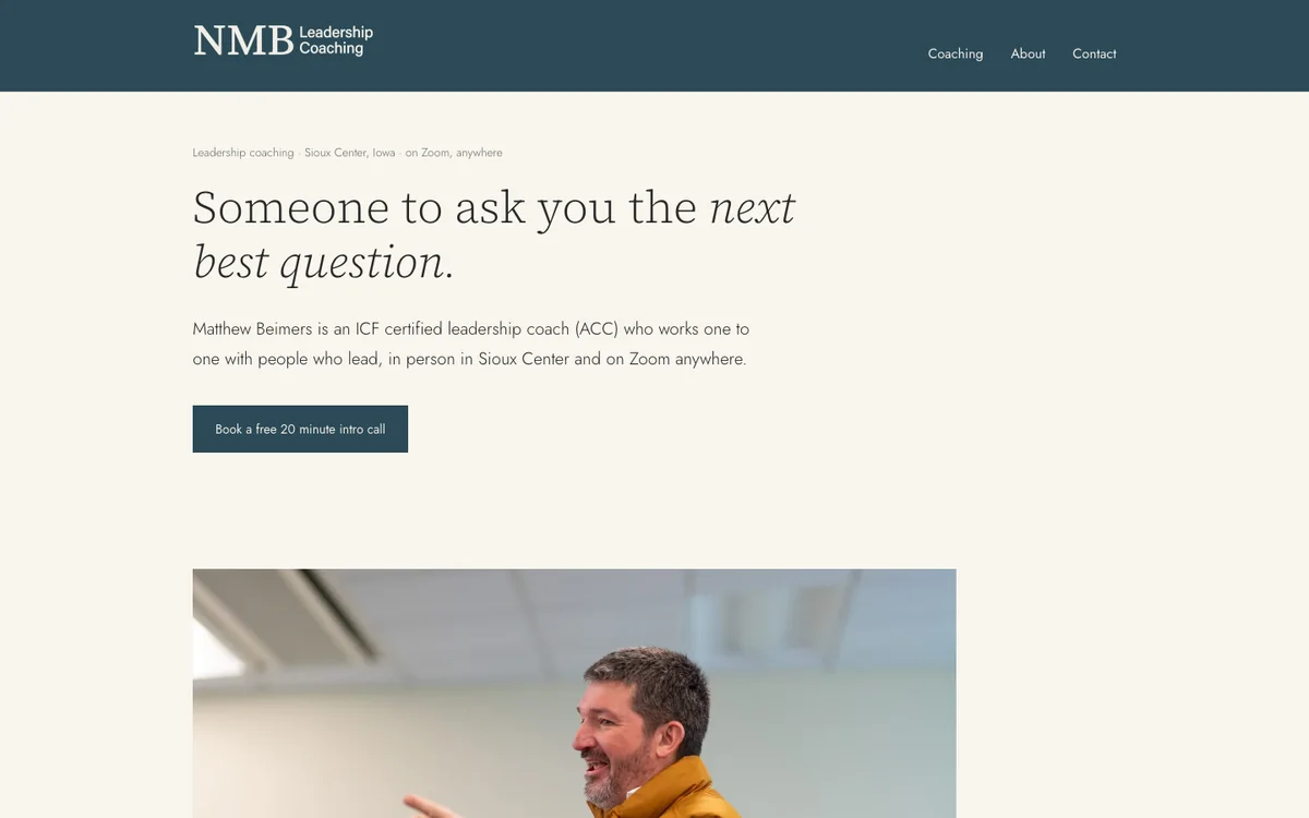 Screenshot of the NMB Leadership Coaching website homepage I built