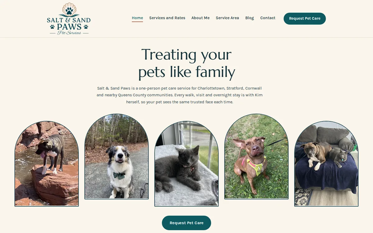 Screenshot of the Salt & Sand Paws website homepage I built