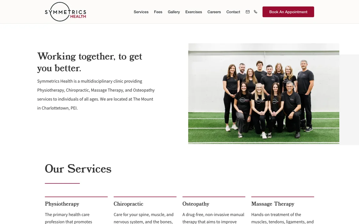Screenshot of the Symmetrics Health website homepage I built