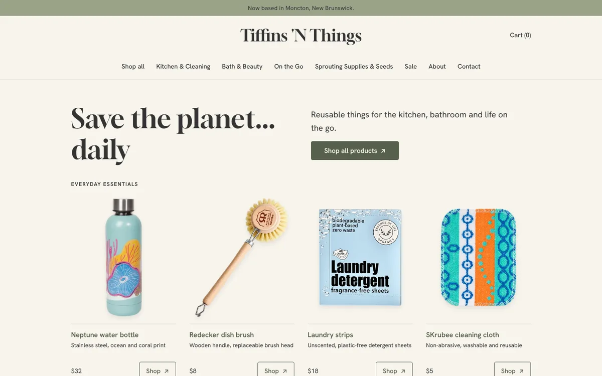 Screenshot of the Tiffins 'N Things website homepage I built